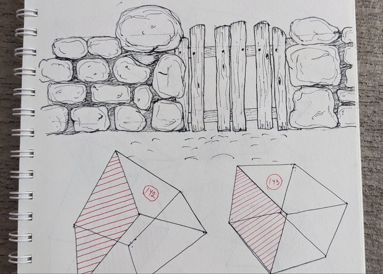 Stone wall sketch and boxes 142–143